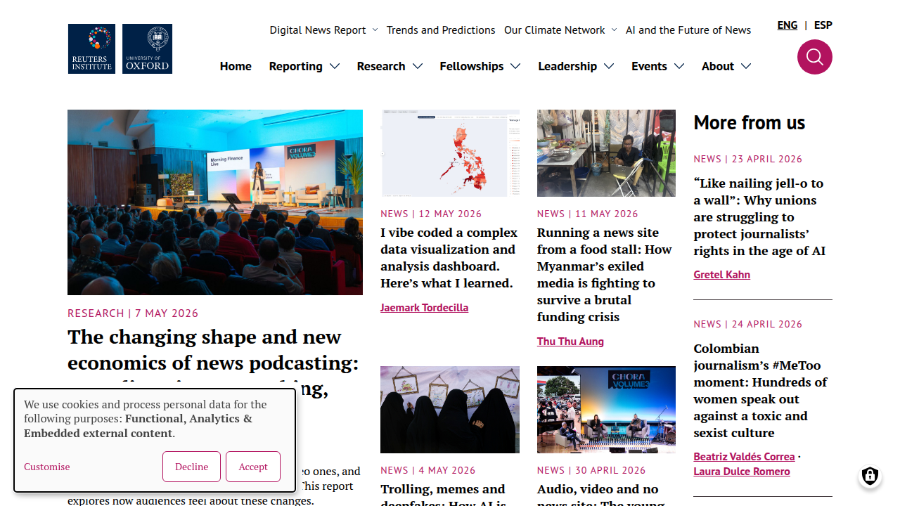 The homepage of the Reuters Institute for the Study of Journalism, a leading research center on the future of news.