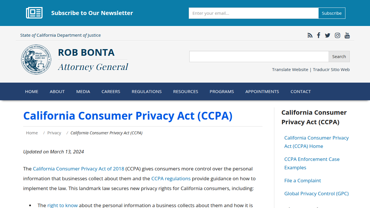 The official California Attorney General's webpage detailing the California Consumer Privacy Act (CCPA), outlining consumer rights and business obligations.