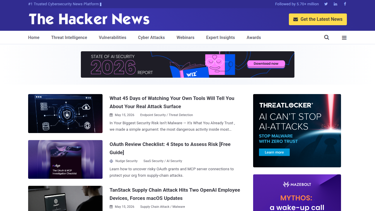 The Hacker News website, an example of a resource that covers cybersecurity issues, including malicious browser extensions.