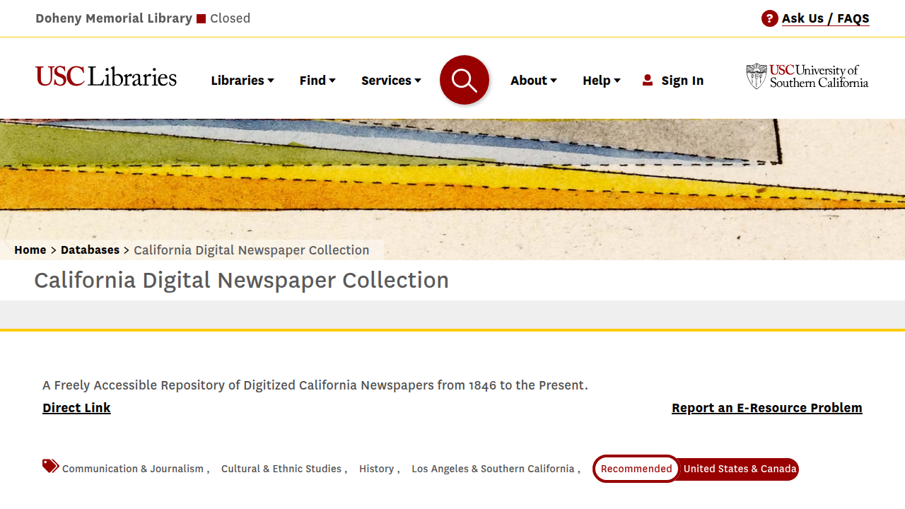 A screenshot of the USC Libraries portal for the California Digital Newspaper Collection, showcasing its interface for accessing historical news.