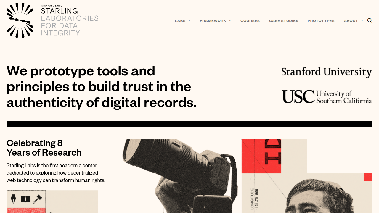 A screenshot of The Starling Lab's homepage, highlighting their efforts in digital content preservation and fighting link rot.