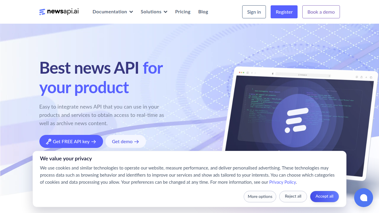 Screenshot of the NewsAPI.ai homepage, showcasing its real-time news data capabilities for various applications.