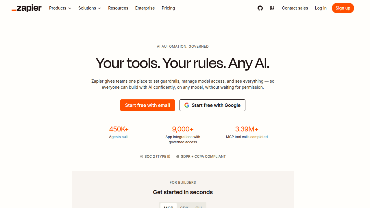 Screenshot of Zapier's homepage, a platform known for its guides and integration tools, including those for LLMs.
