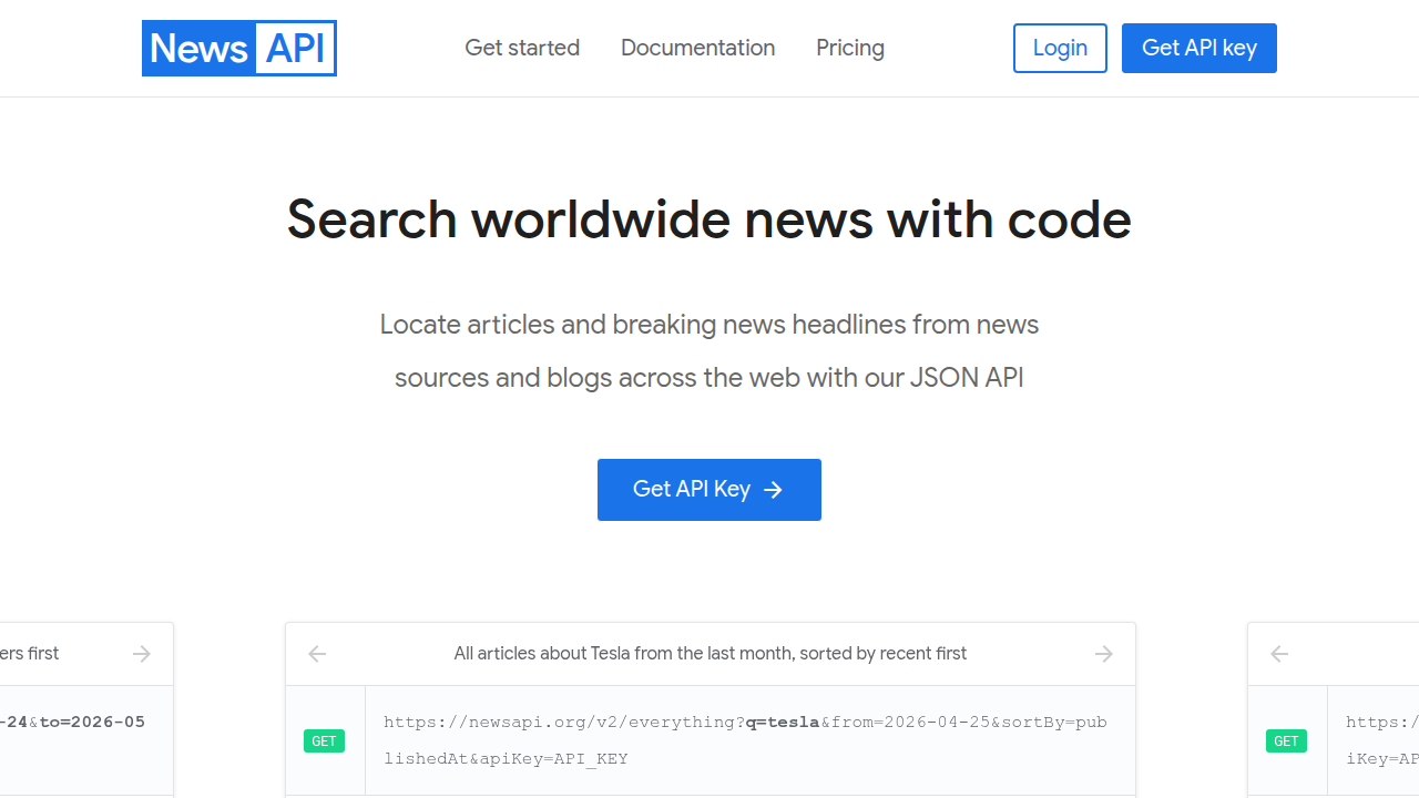 Screenshot of NewsAPI.org homepage, illustrating a comprehensive news API for developers.