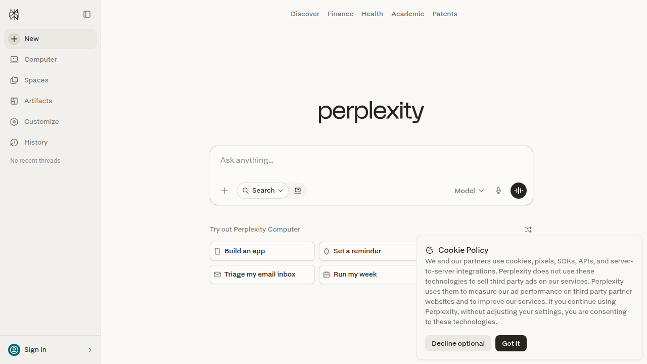 Screenshot of Perplexity AI's homepage, a leading AI search engine for deep research and source transparency.