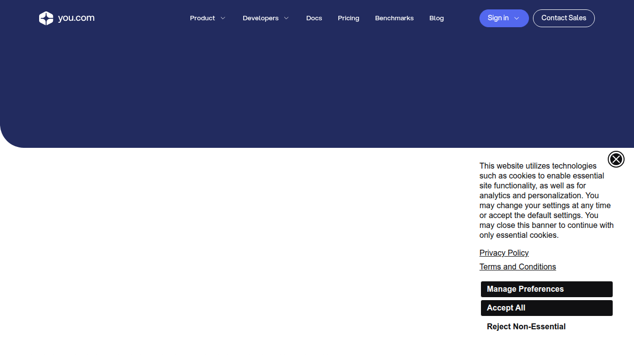 Screenshot of You.com's homepage, highlighting its customizable search experience and privacy features.
