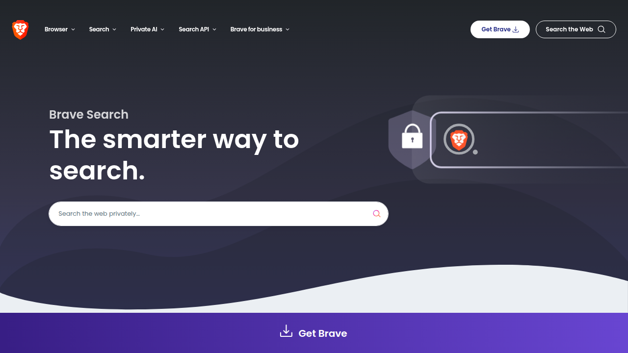 Screenshot of Brave Search's homepage, showcasing its independent index and 'Goggles' feature for bias filtering.