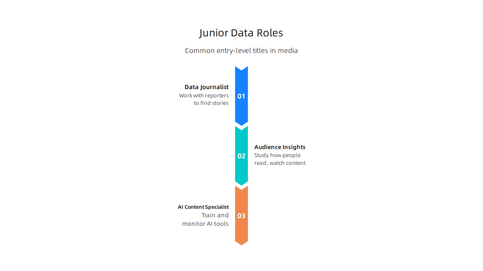 An infographic detailing common entry-level roles for junior data analysts within the media industry.