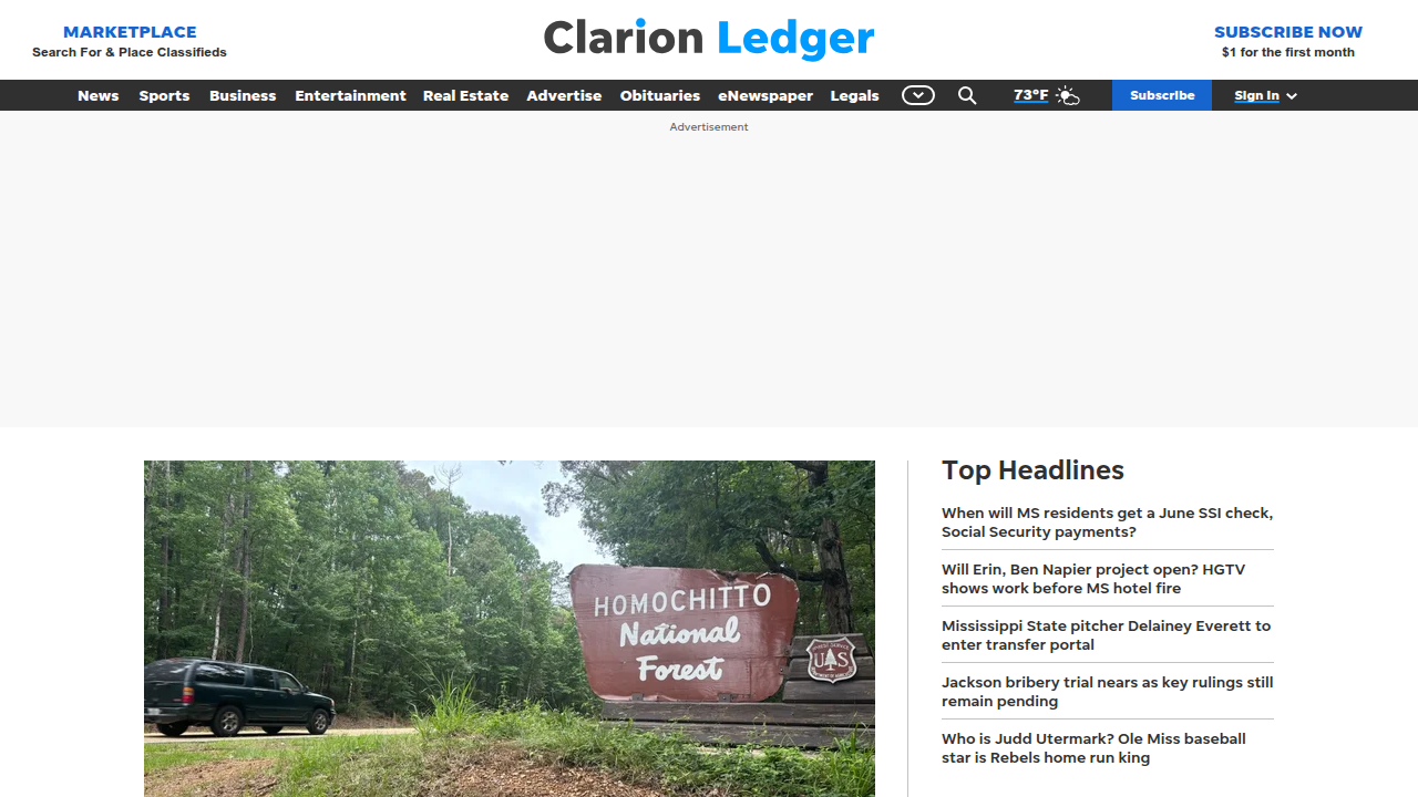 Screenshot of The Clarion Ledger homepage, a prominent regional newspaper in Mississippi.