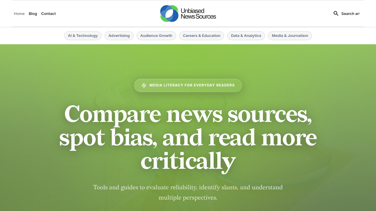 Homepage of Unbiased News Sources, a resource offering guides on AI media bias detection and finding reliable news.