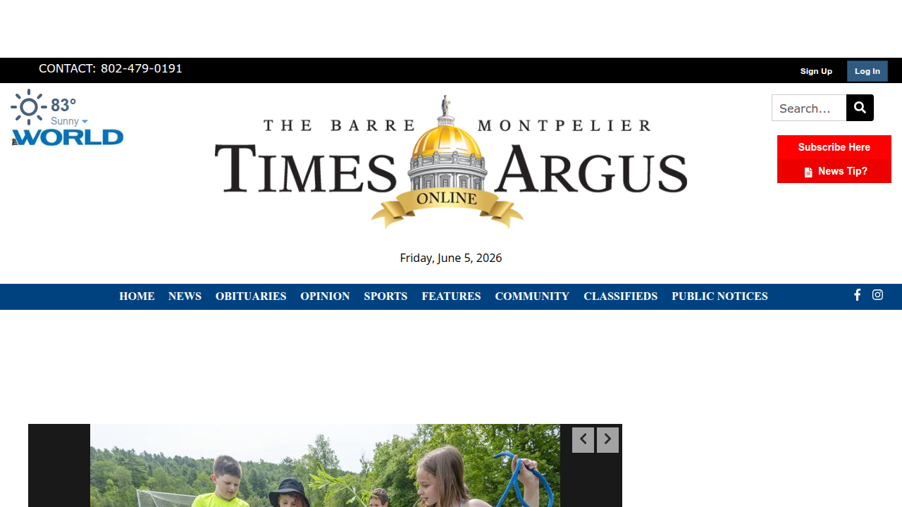 A screenshot of the Times Argus newspaper website, featuring local news and headlines for central Vermont.