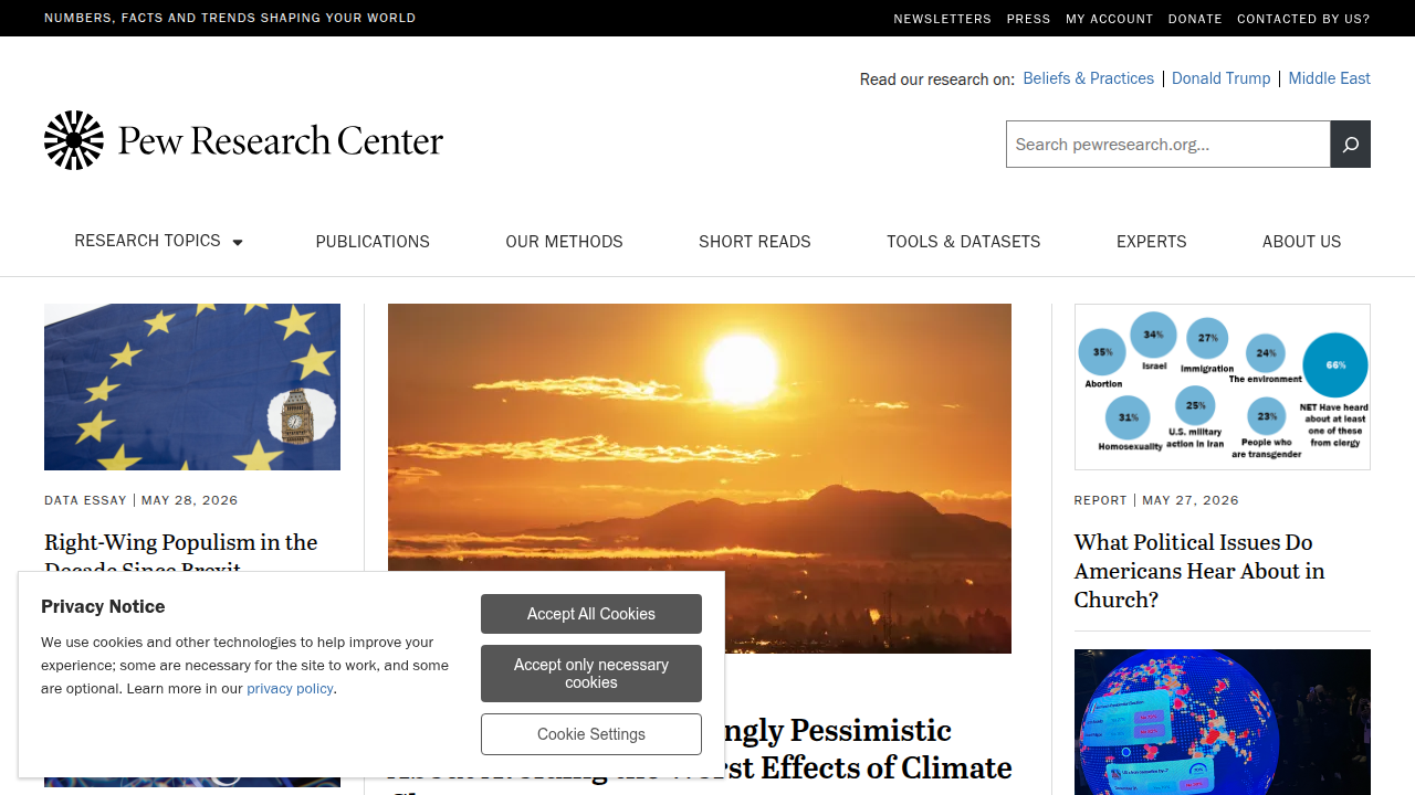 Homepage of Pew Research Center, a nonpartisan fact tank informing the public about issues, attitudes and trends shaping the world.