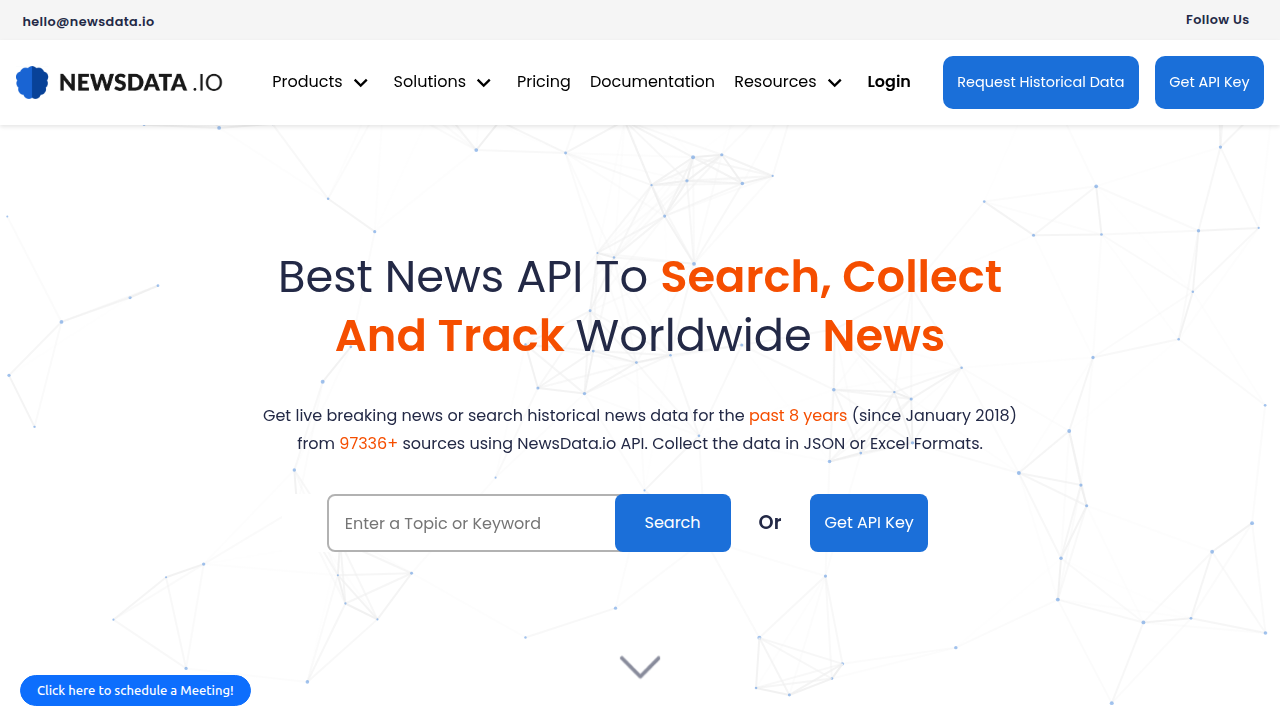 Homepage of NewsData.io, a popular platform offering a free news API for developers to collect structured news data.