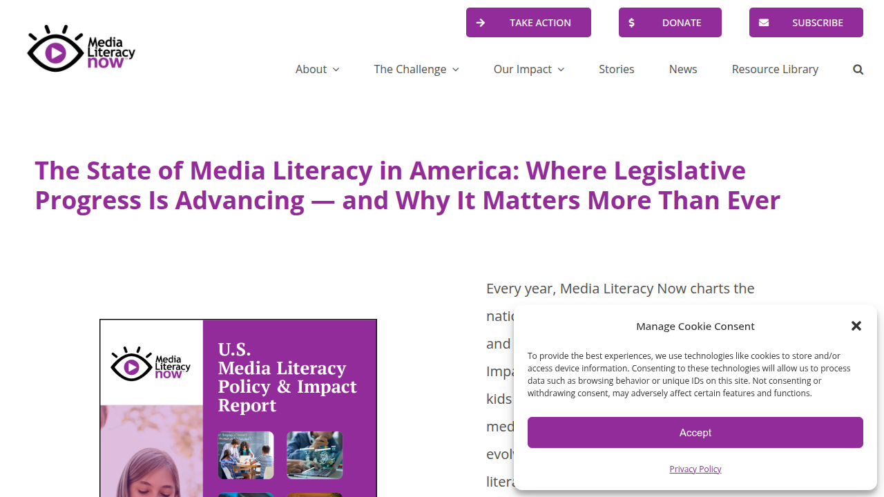 A screenshot of the Media Literacy Now website, a resource for policy and curricula on media literacy education.