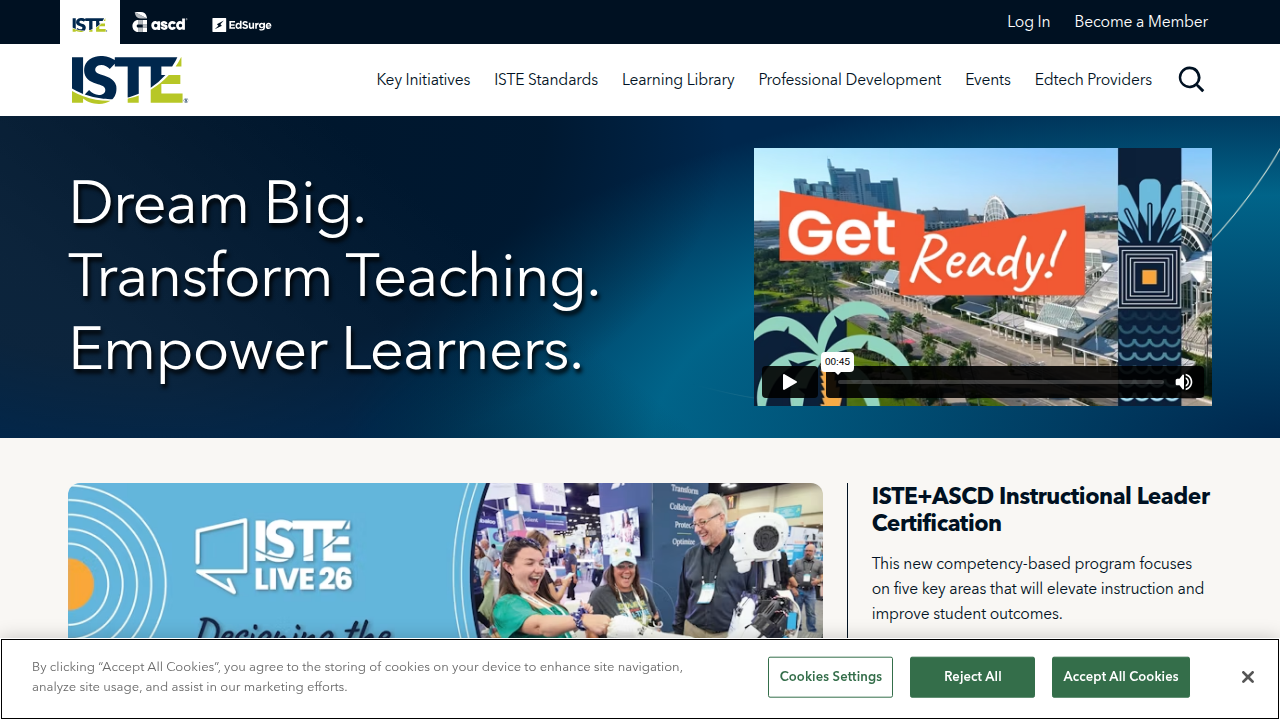 A screenshot of the ISTE homepage, providing educational resources for media literacy skills.