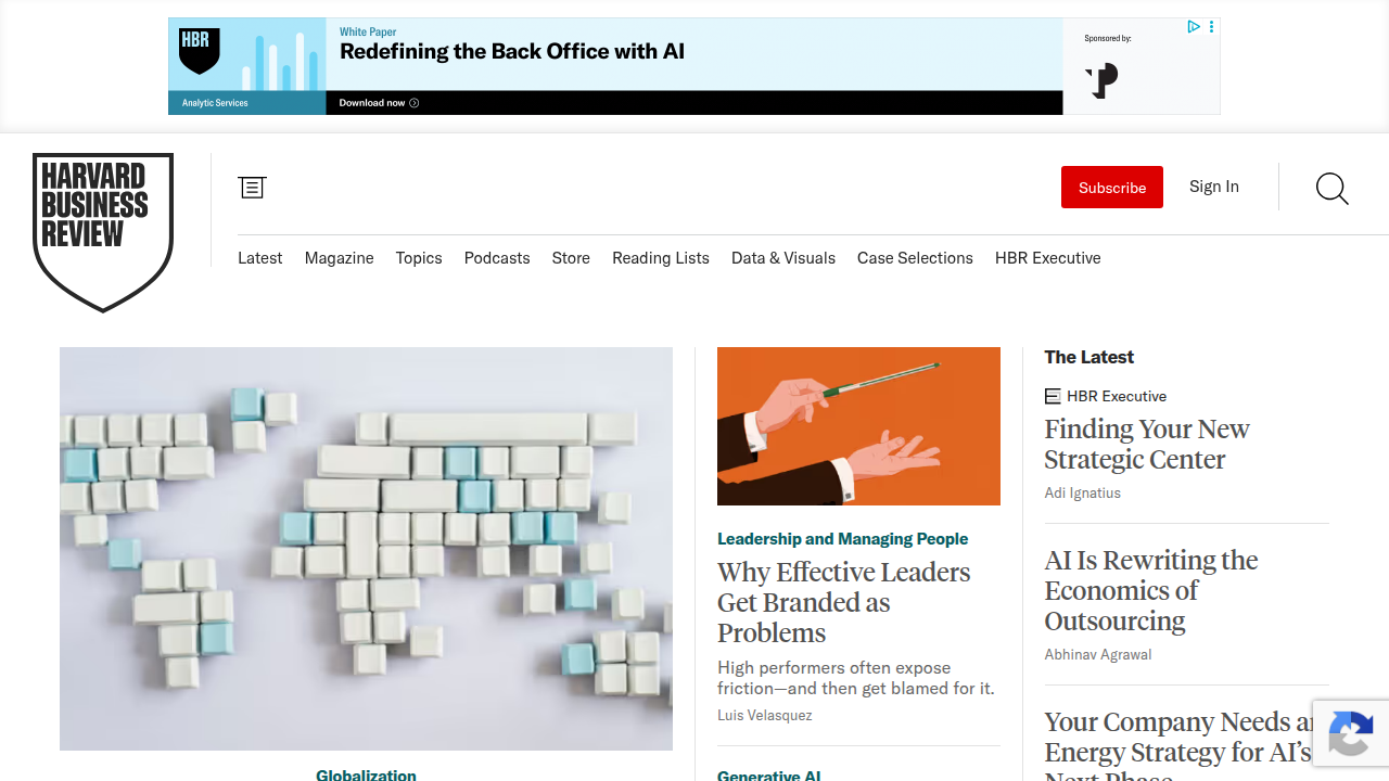 A screenshot of the Harvard Business Review homepage, a source for business insights and strategies.