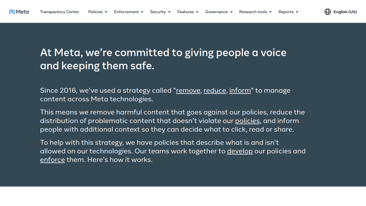 Screenshot of Meta's Transparency Center, detailing their advertising standards and policies.