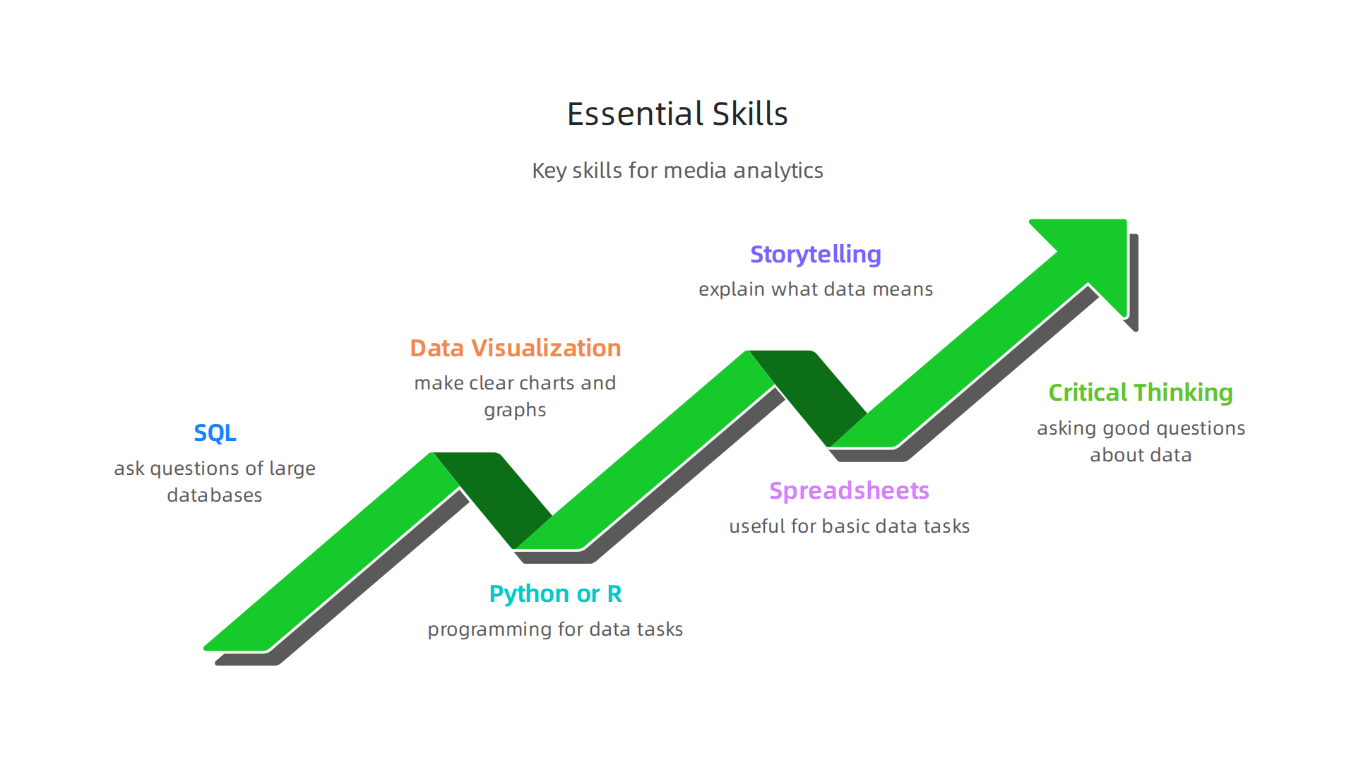 Key technical and non-technical skills required for data analytics roles in media.