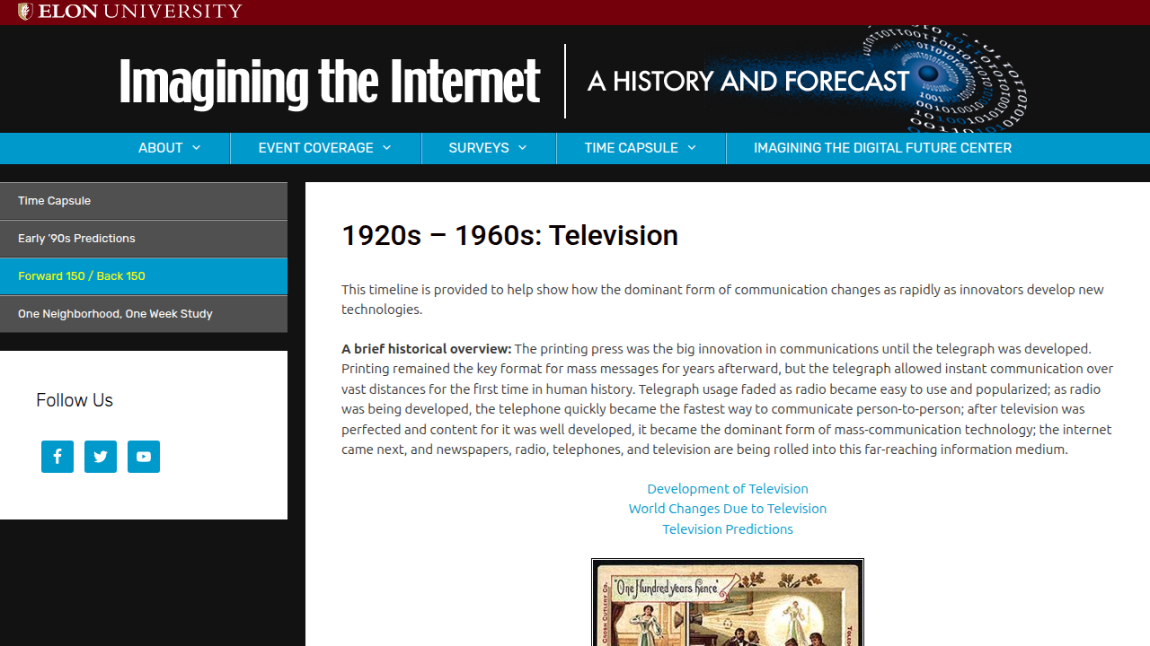 Screenshot of Elon University's website detailing 1960s television history and its impact.