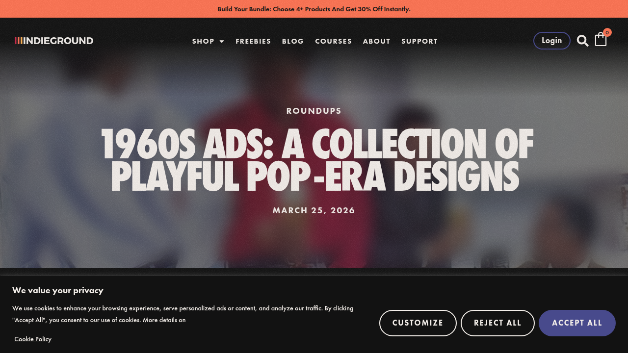 Screenshot of Indieground's blog showcasing a collection of playful pop-era designs from 1960s advertisements.