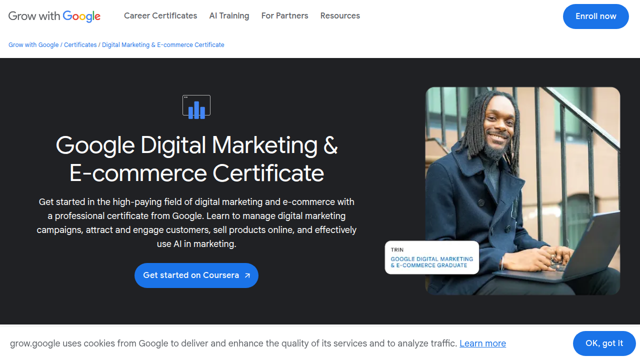 The official page for the Google Digital Marketing & E-commerce Certificate.