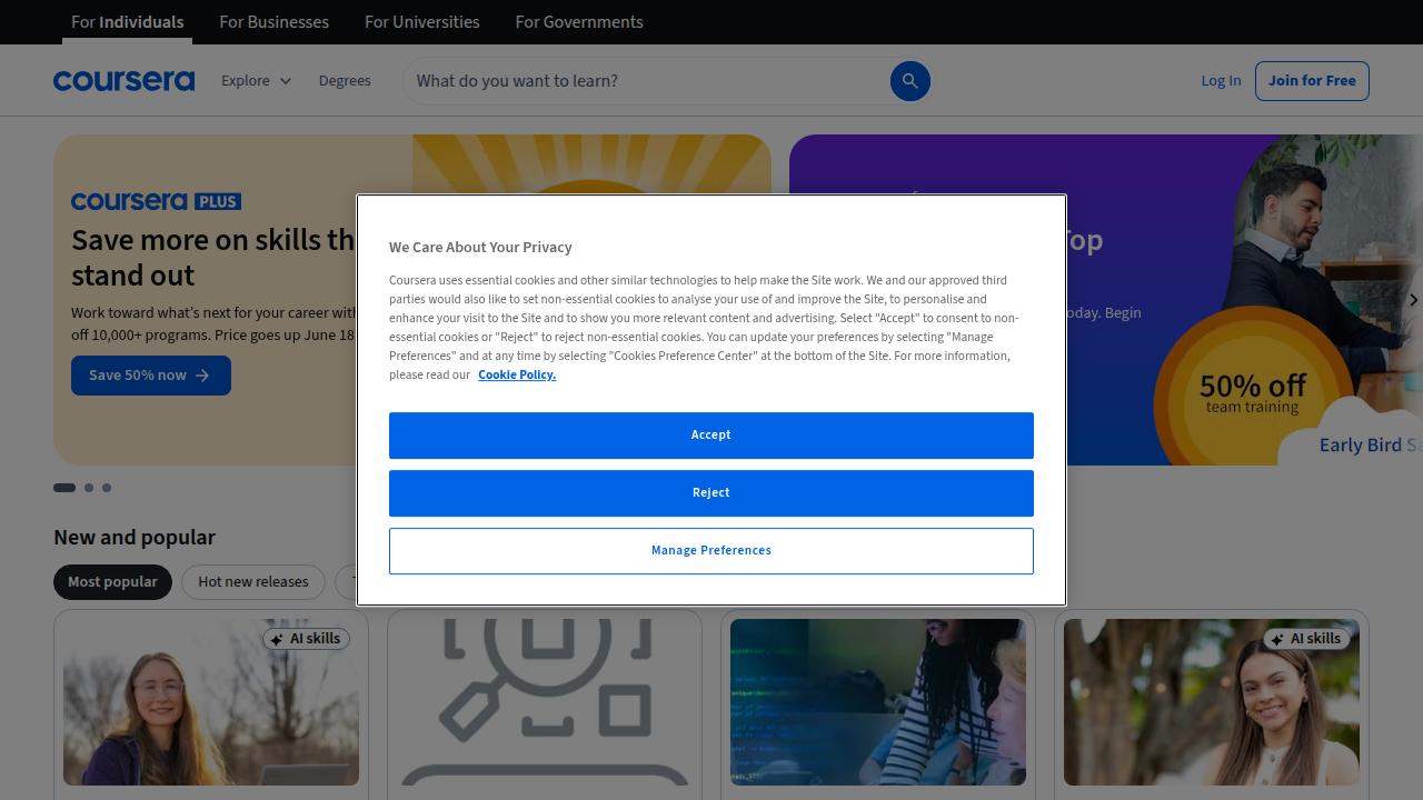 The Coursera platform, where professional certificates like Google's are offered.