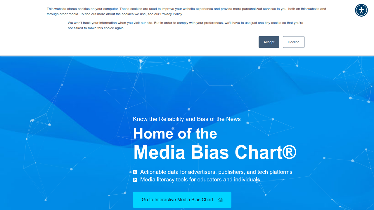 A screenshot of the Ad Fontes Media Bias Chart, illustrating political leanings and factual reporting scores of news sources.