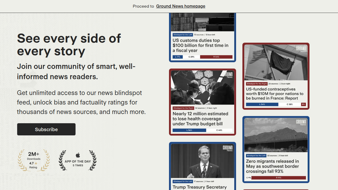 Ground News platform, designed for cross-referencing news coverage across the political spectrum.