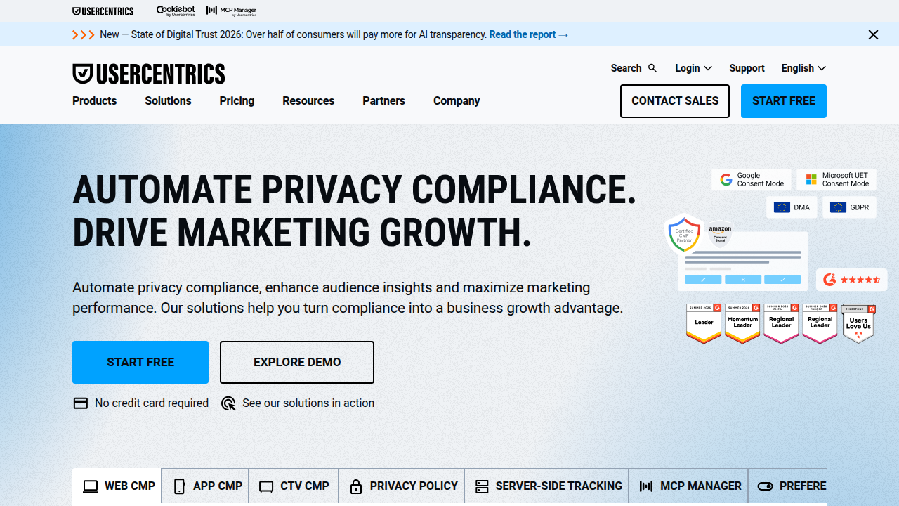 The Usercentrics homepage, a leader in consent management, reflects the growing importance of digital trust and data transparency for consumers.