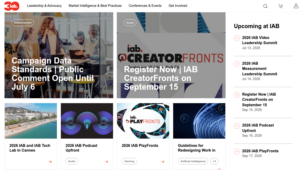 The IAB website showcases their guidelines for digital advertising, critical for publishers to ensure privacy-first audience intelligence platforms.