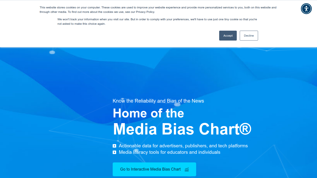 The Ad Fontes Media website, known for its Media Bias Chart that plots news sources by reliability and political bias.