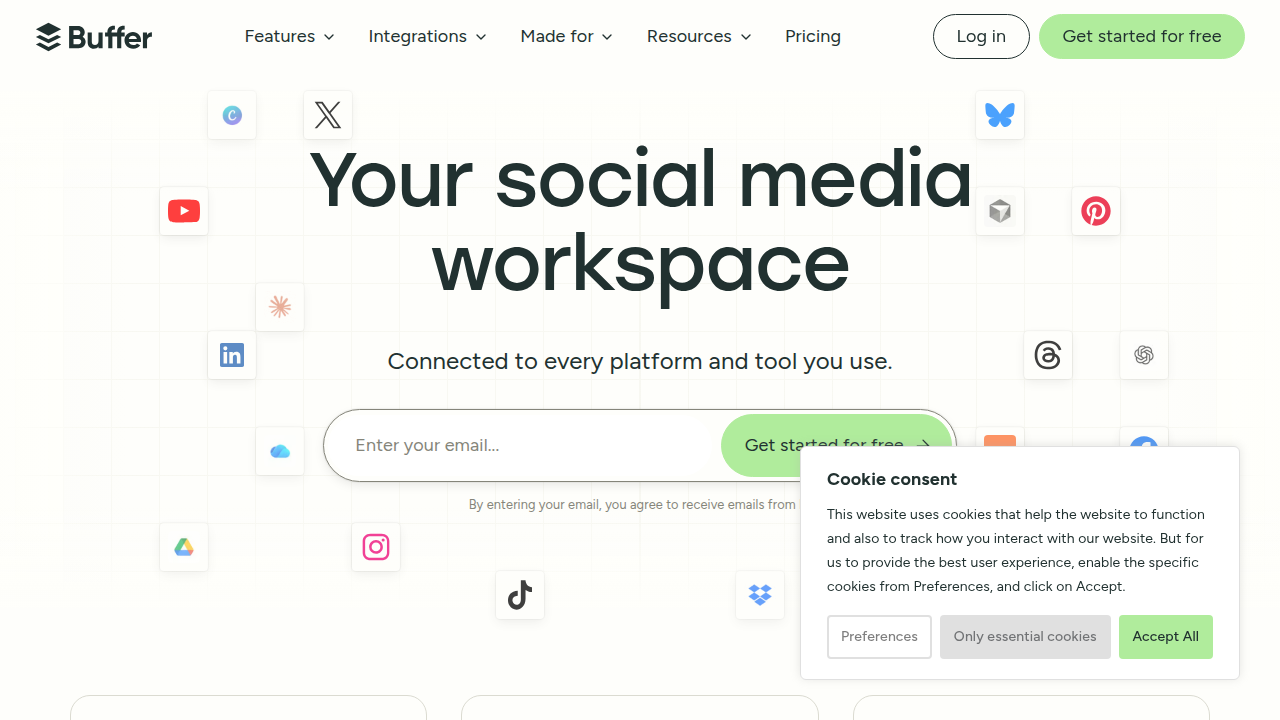 A screenshot of the Buffer homepage, a company known for social media management tools and insights.