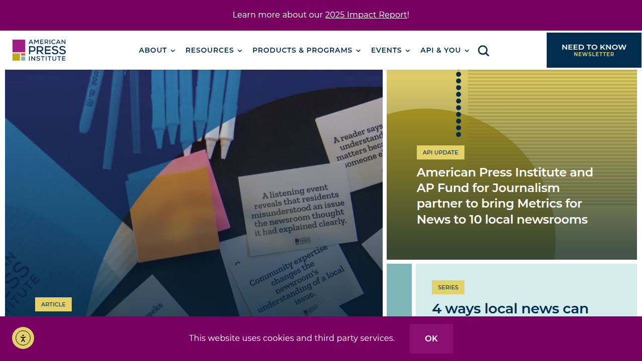 A screenshot of the American Press Institute homepage, a resource for journalism and media research.