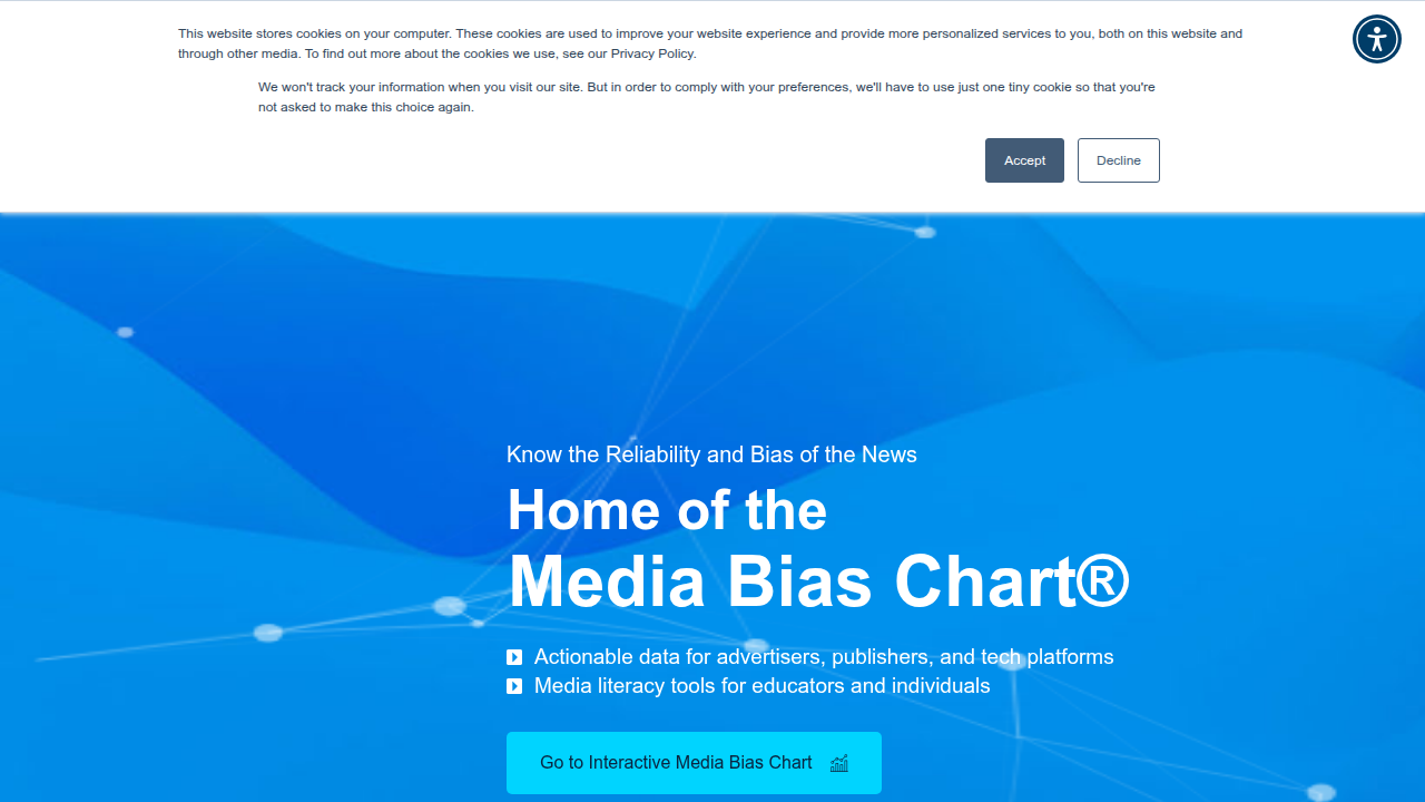 The interactive Ad Fontes Media Bias Chart, visually representing news sources by reliability and political lean.