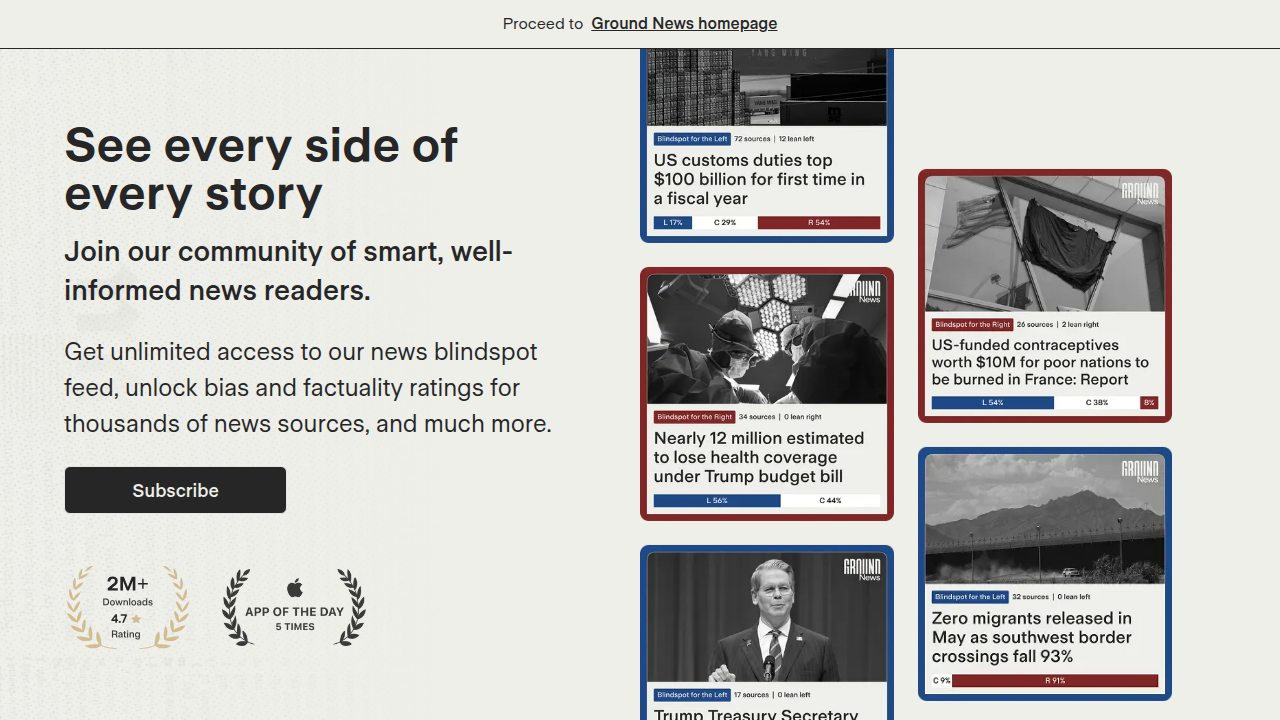 The Ground News platform, offering a perspective on how various outlets cover the same news story.