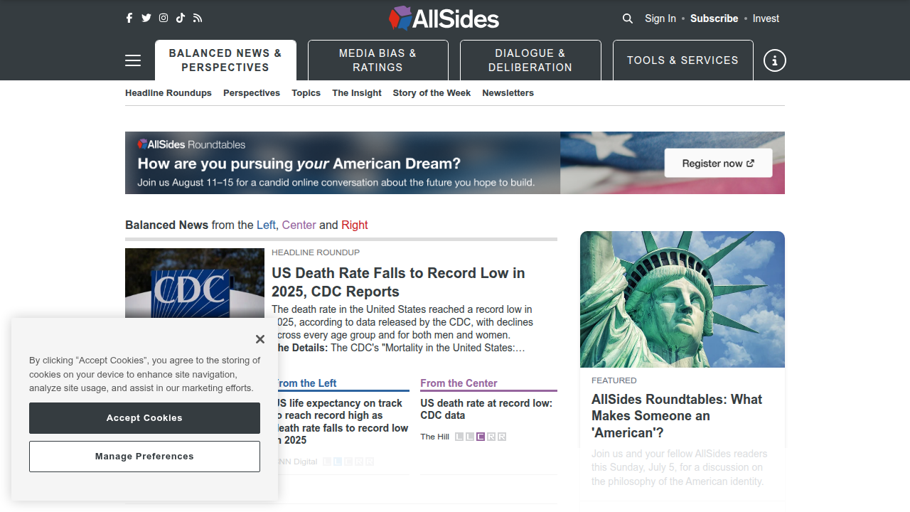 The AllSides website, providing media bias ratings and side-by-side news comparisons.