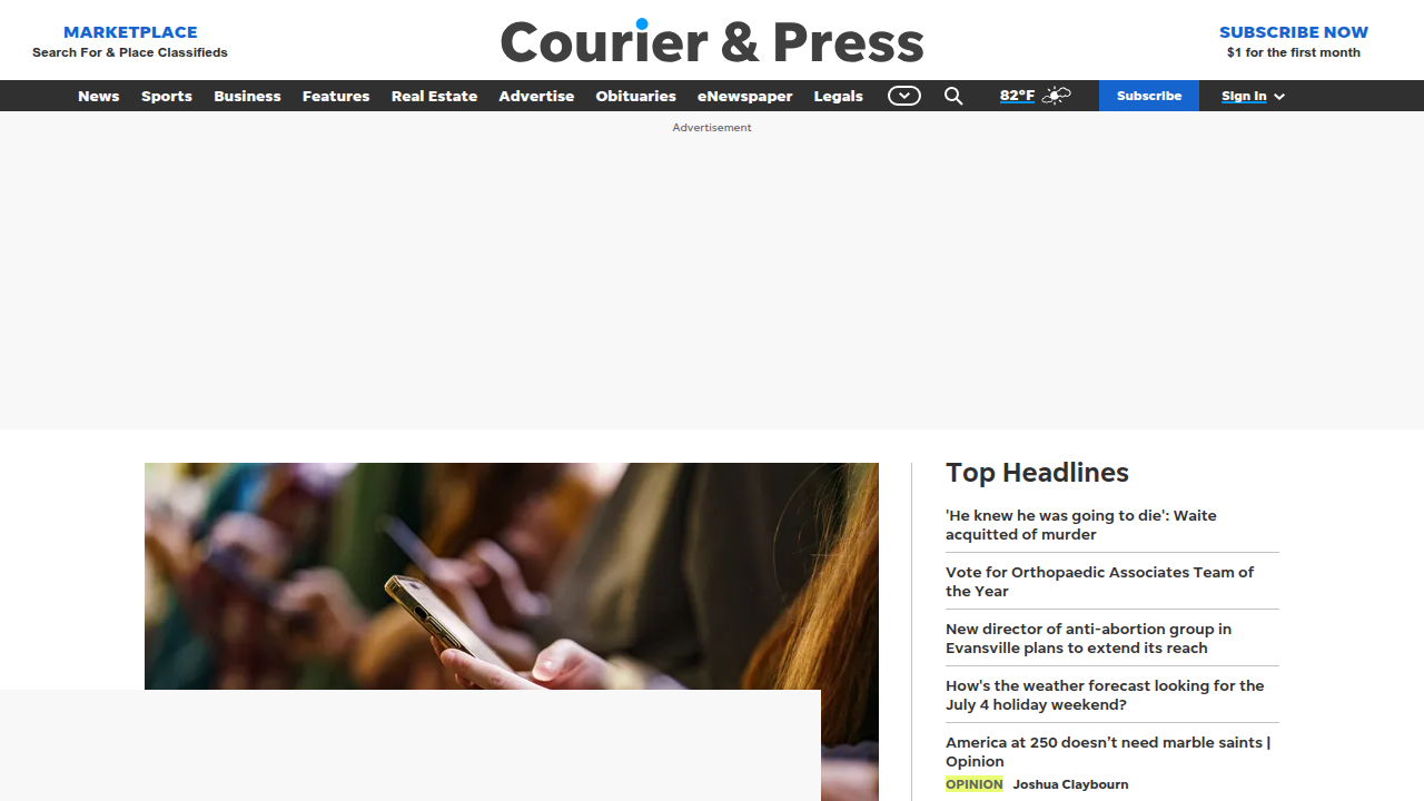 The homepage of the Evansville Courier & Press, the primary local newspaper for Evansville, Indiana.