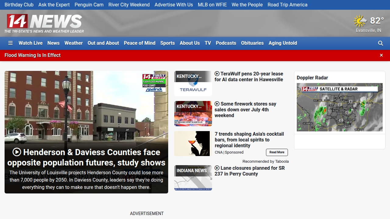 The homepage of WFIE (Channel 14), Evansville's NBC affiliate providing local news coverage.