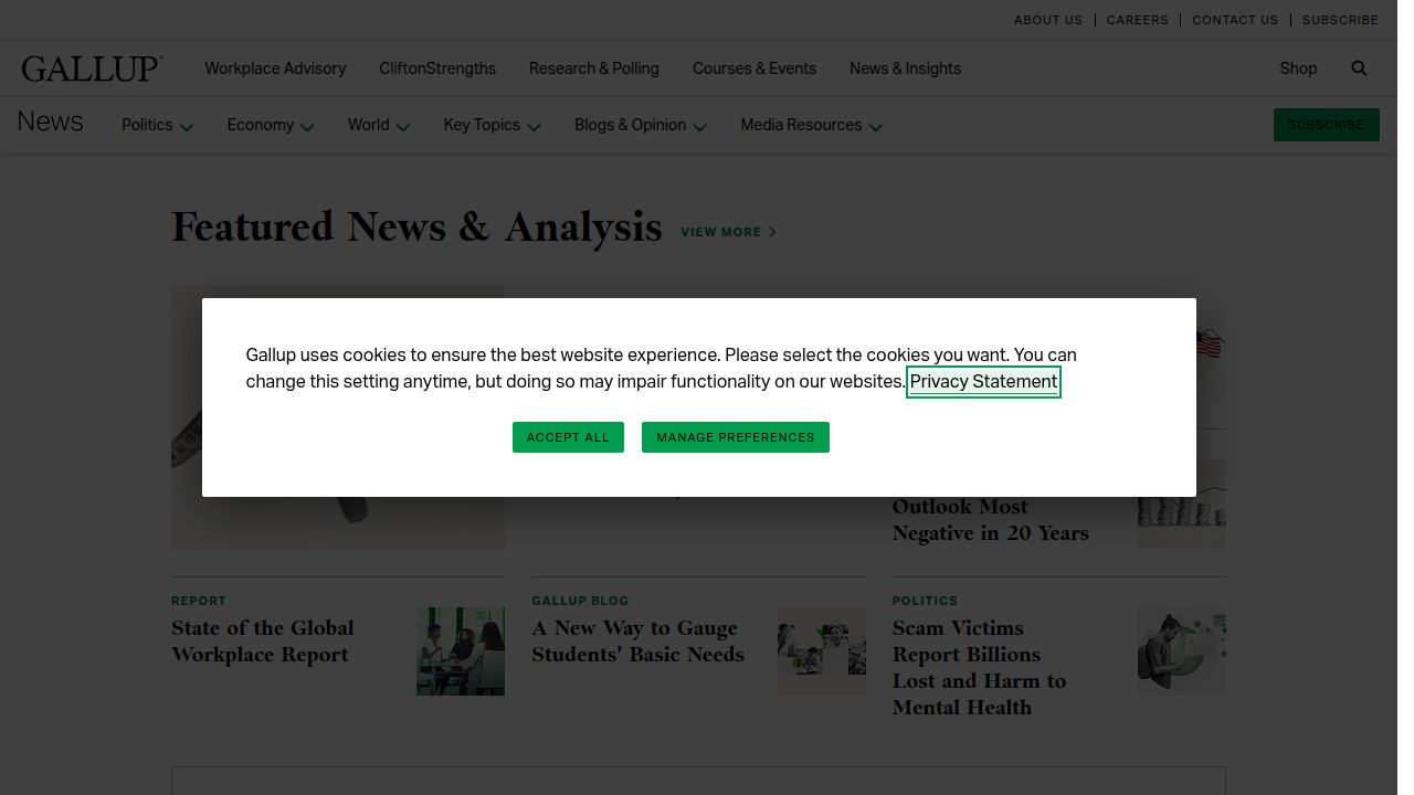 Screenshot of the Gallup homepage, a renowned source for public opinion polls and survey data, including media trust.