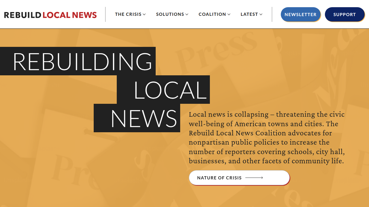 The homepage of Rebuild Local News, an organization dedicated to strengthening local journalism across the United States.