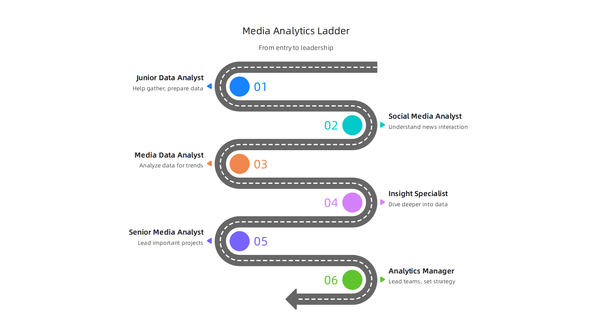 Progression of roles in media analytics, from entry-level positions to senior leadership.