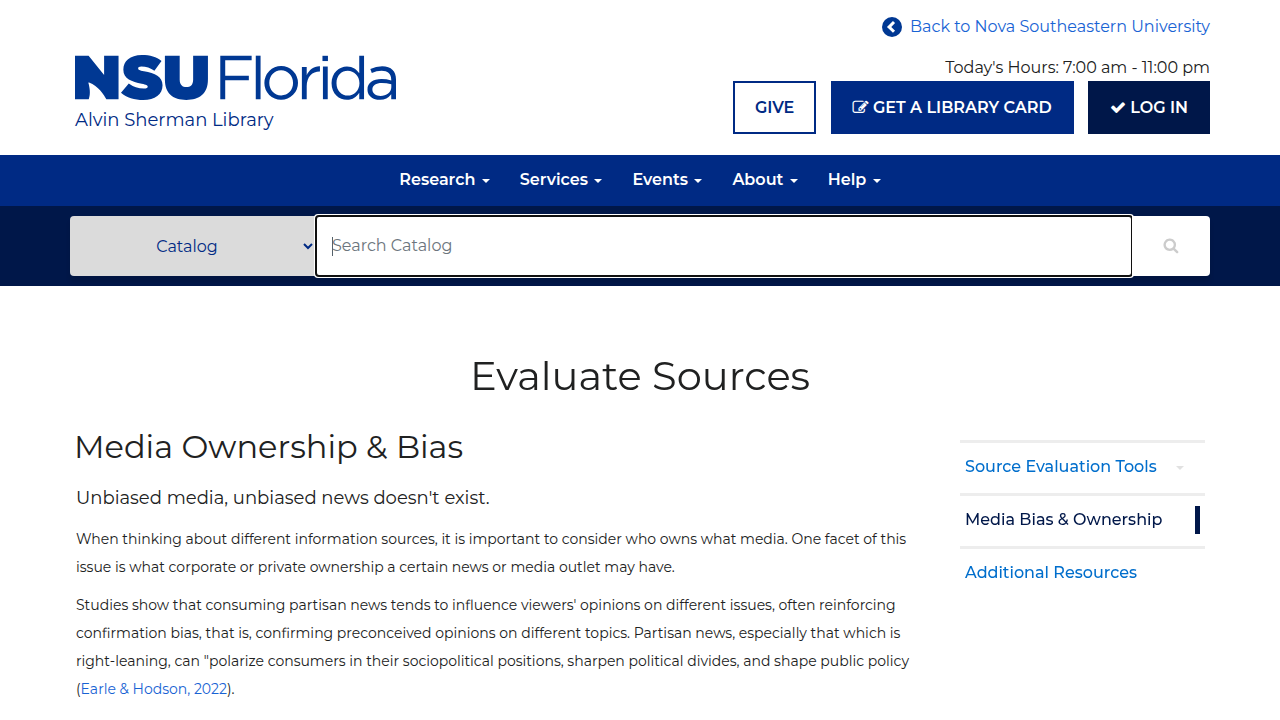 Screenshot of a library guide page from Nova, offering resources on evaluating sources for media bias and ownership.