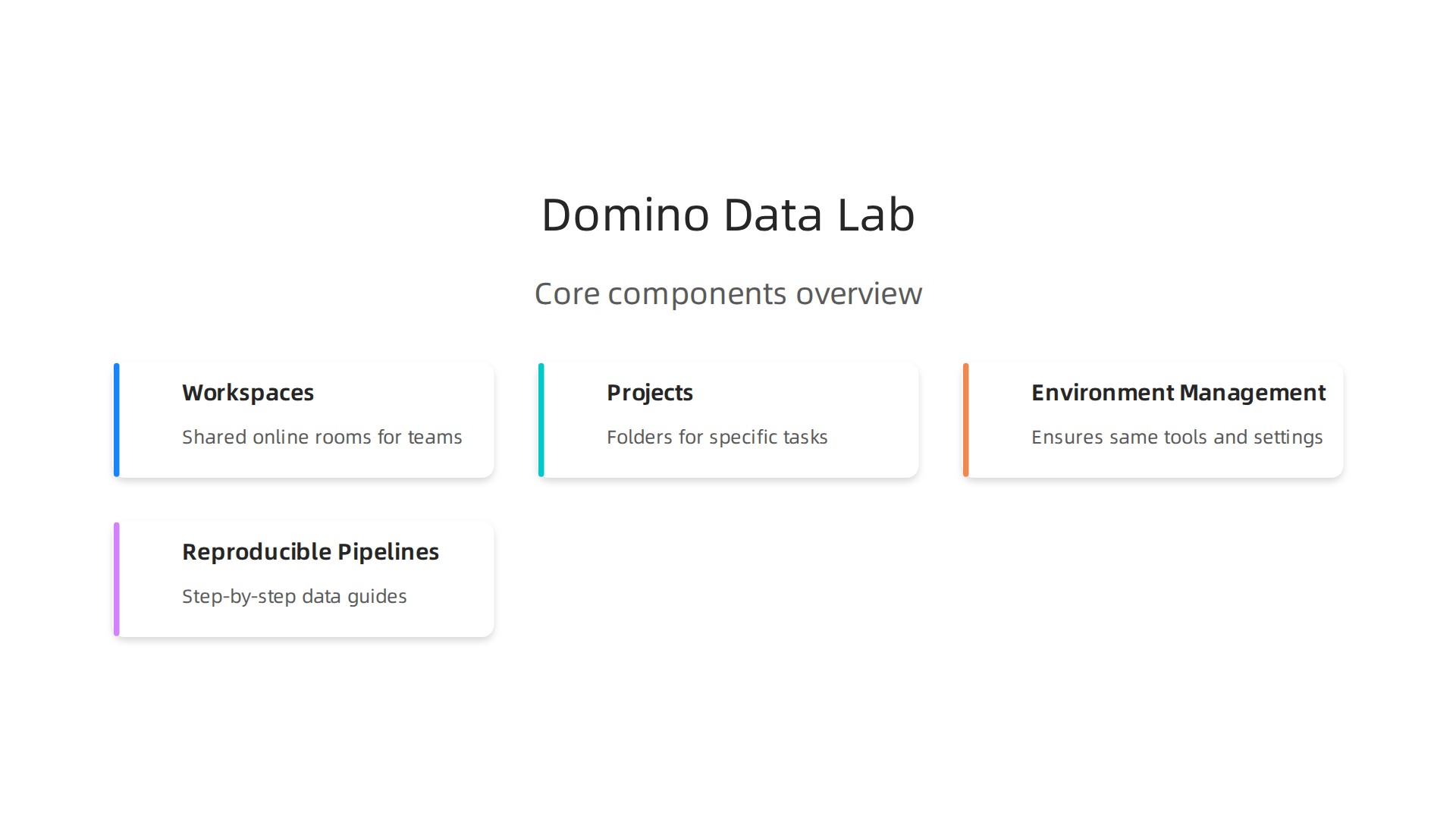 An overview of Domino Data Lab's core components: Workspaces, Projects, Environment Management, and Reproducible Pipelines.