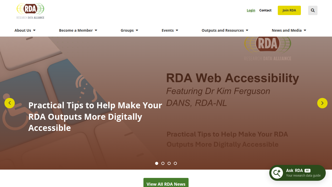 The Research Data Alliance (RDA) website, a resource for curating reproducible and FAIR research practices.