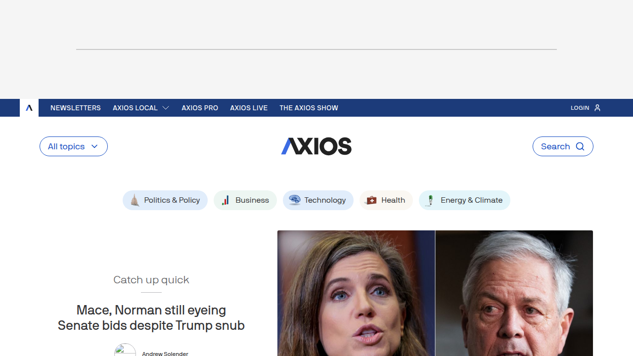 The Axios news website, providing current headlines and in-depth reporting on various topics.