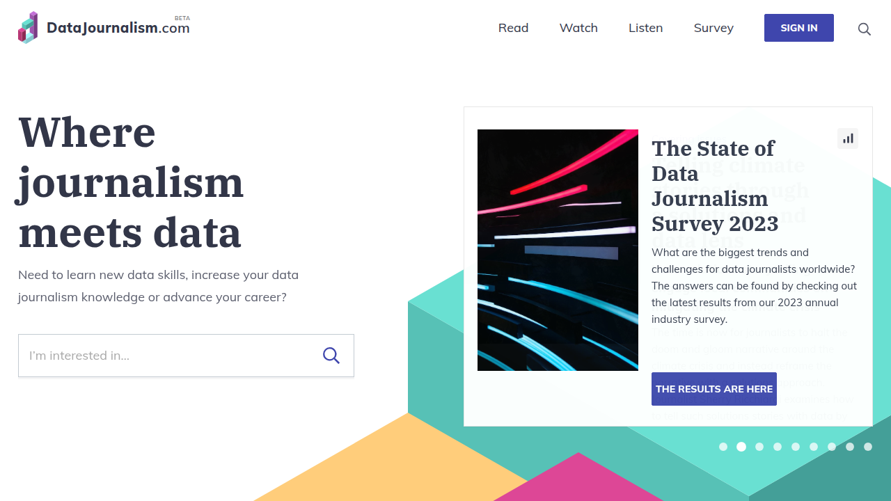 The homepage of DataJournalism.com, a resource for reporters and editors on using data effectively in their storytelling.