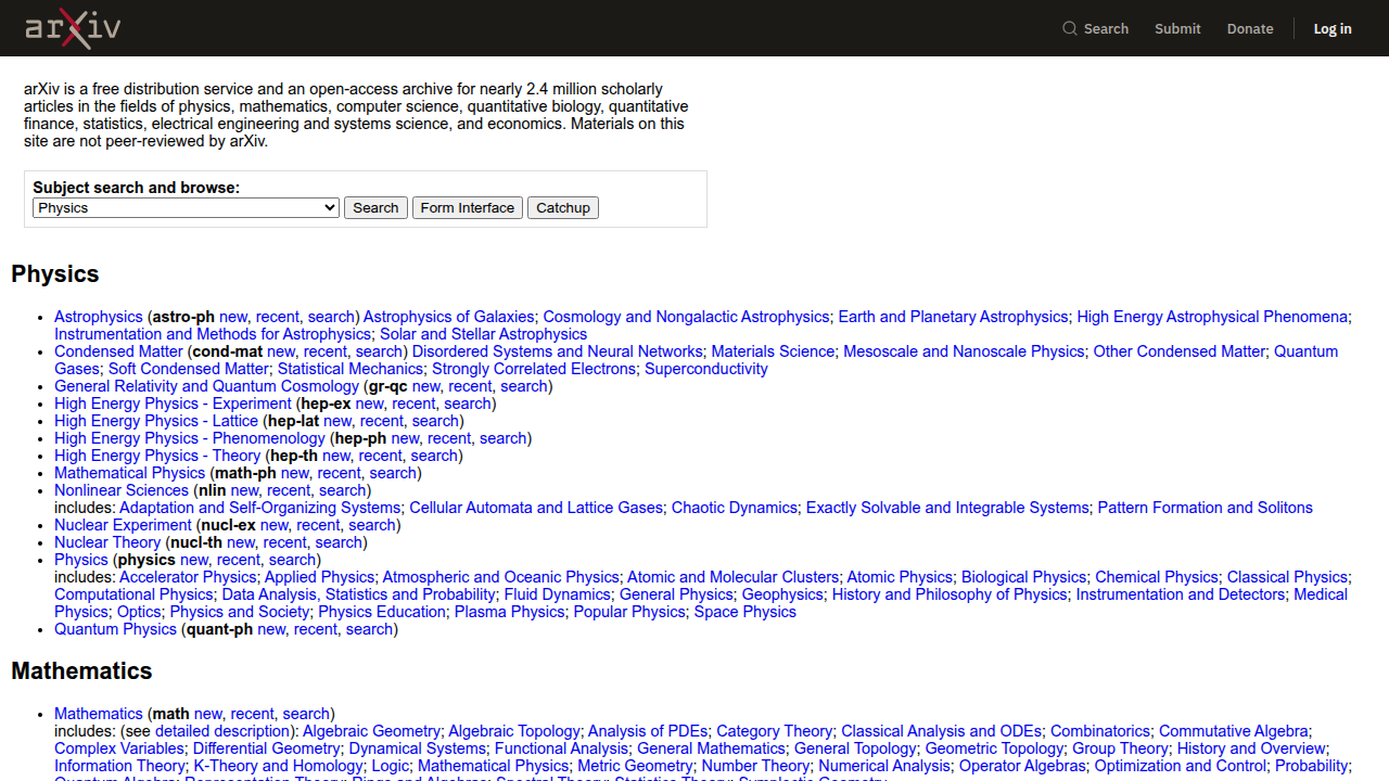 The homepage of arXiv, a platform for scholarly preprints, including research on data visualization.