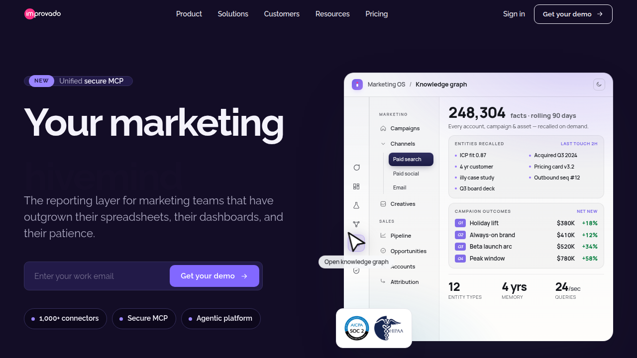 The homepage of Improvado, a marketing data platform that provides insights into various BI tools.